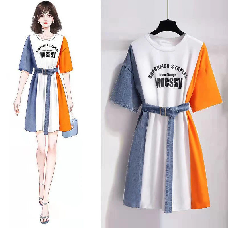 Tribe Cloth / LIDOU    2024 Summer Casual Fashion Print Denim Spliced Short Sleeve Belt T-shirt Dresses