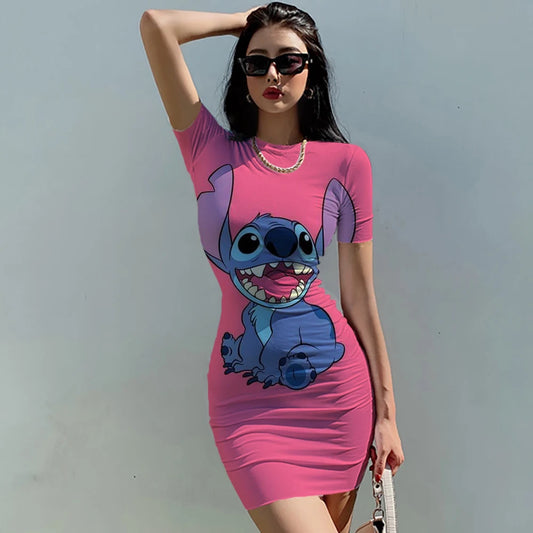 Tribe Cloth / Disney  Summer Disney Stitch Short Sleeve T-shirt Tight Pencil  Dress