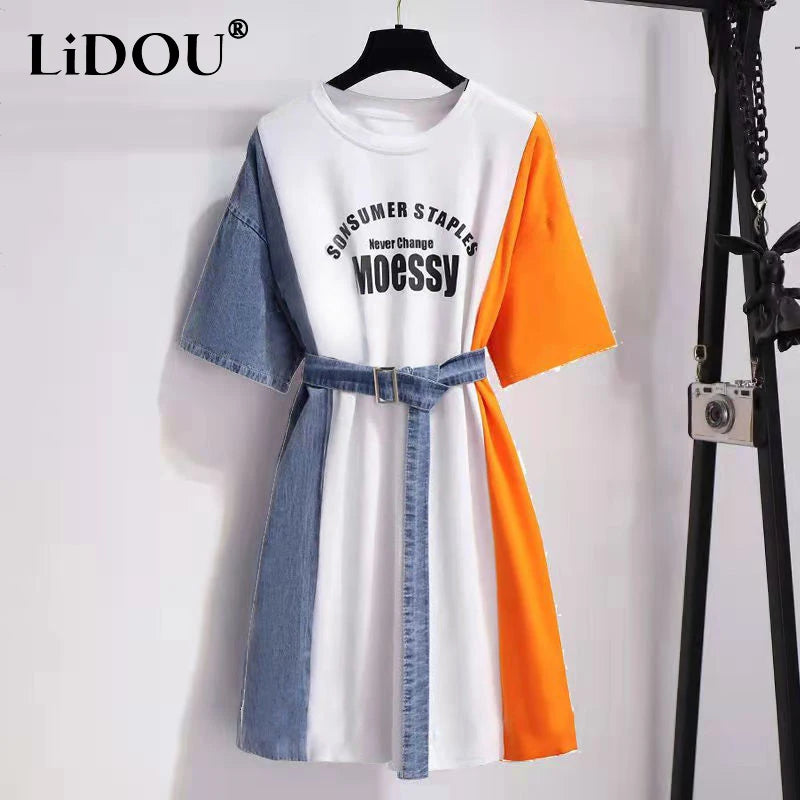 Tribe Cloth / LIDOU    2024 Summer Casual Fashion Print Denim Spliced Short Sleeve Belt T-shirt Dresses