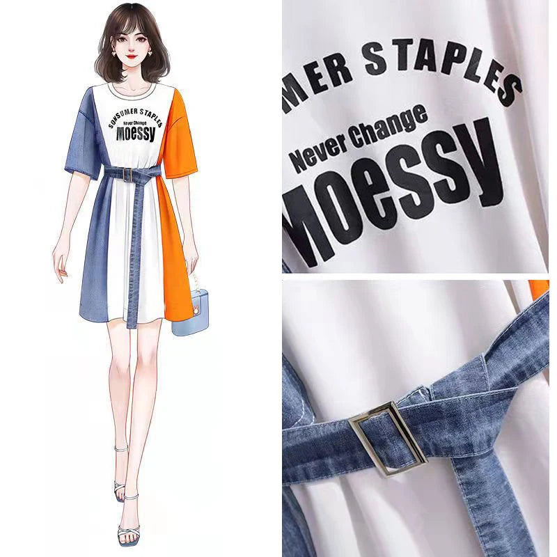 Tribe Cloth / LIDOU    2024 Summer Casual Fashion Print Denim Spliced Short Sleeve Belt T-shirt Dresses