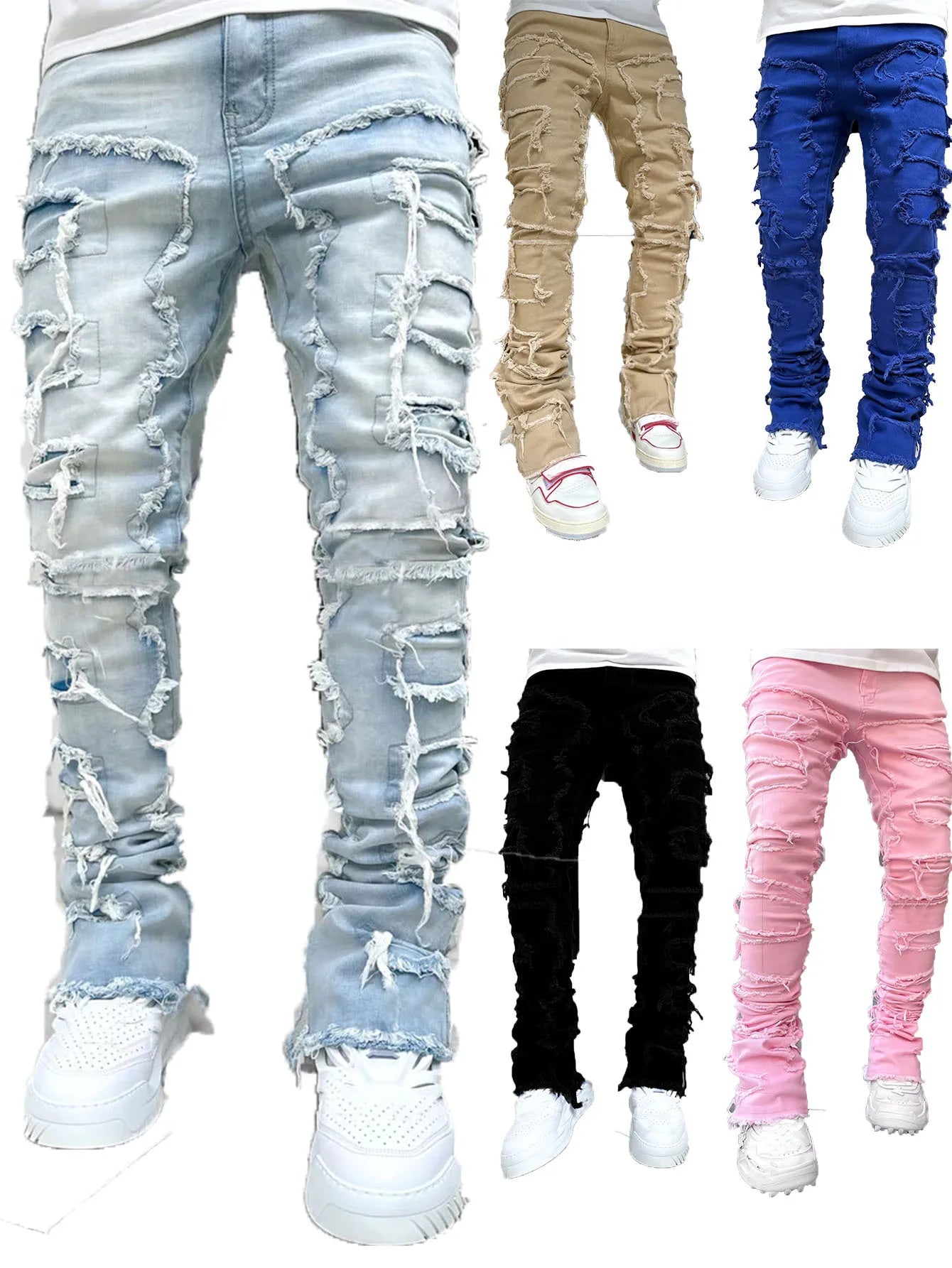 Tribe Cloth / Null Men's Regular Fit  Ripped Slim Fit Patch Distressed Destroyed Straight Denim